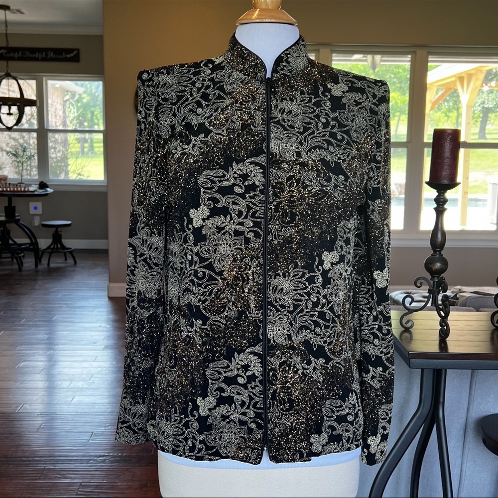 Jeanne Alexander Medium Vtg Zip front jacket gold metallic sparkle Shoulder pads - Picture 3 of 15